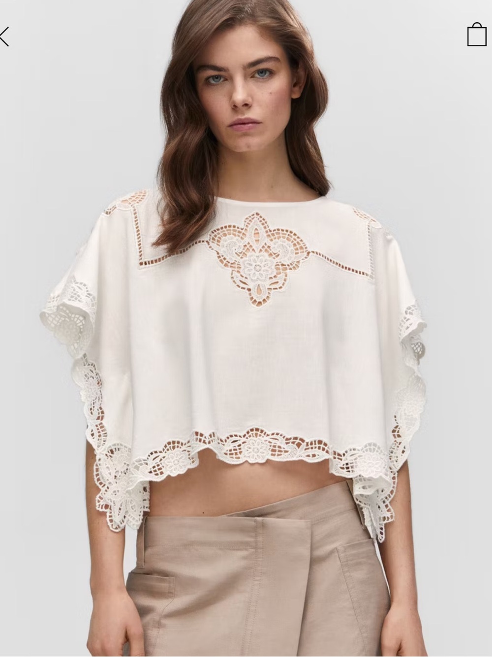 Mango Cream Lace-Trim batwing Top